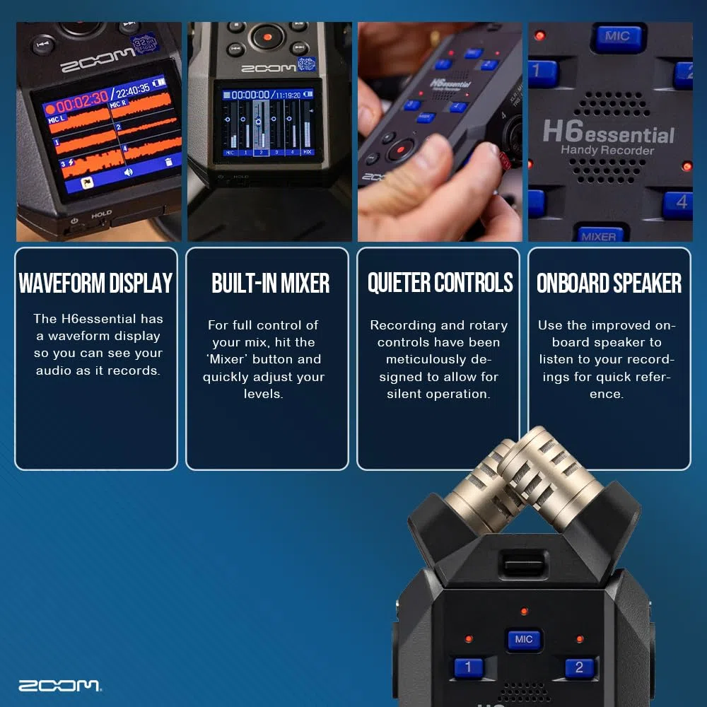 Zoom H6essential Tragbarer Studio-Recorder, H6E 32-Bit Float, 6-Spur-Recorder, 4XLR/TRS mit 64GB SD, Stativ, Kopfhörer mit Mikrofon, Batterien und mehr für Musiker, Podcaster, Filmemacher