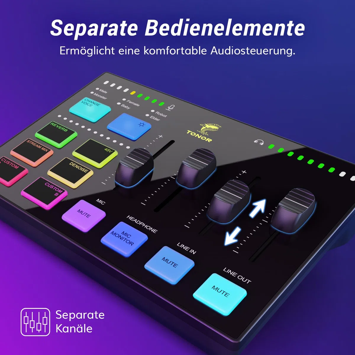 TONOR Gaming Audio Interface, Audio Mixer für Streaming, Podcasting, Studio Aufnahmen, 6,35mm und XLR-Kanal, Soundkarte mit RGB-Lichteffekten, für Gaming-Streamer, Content Creators TX310