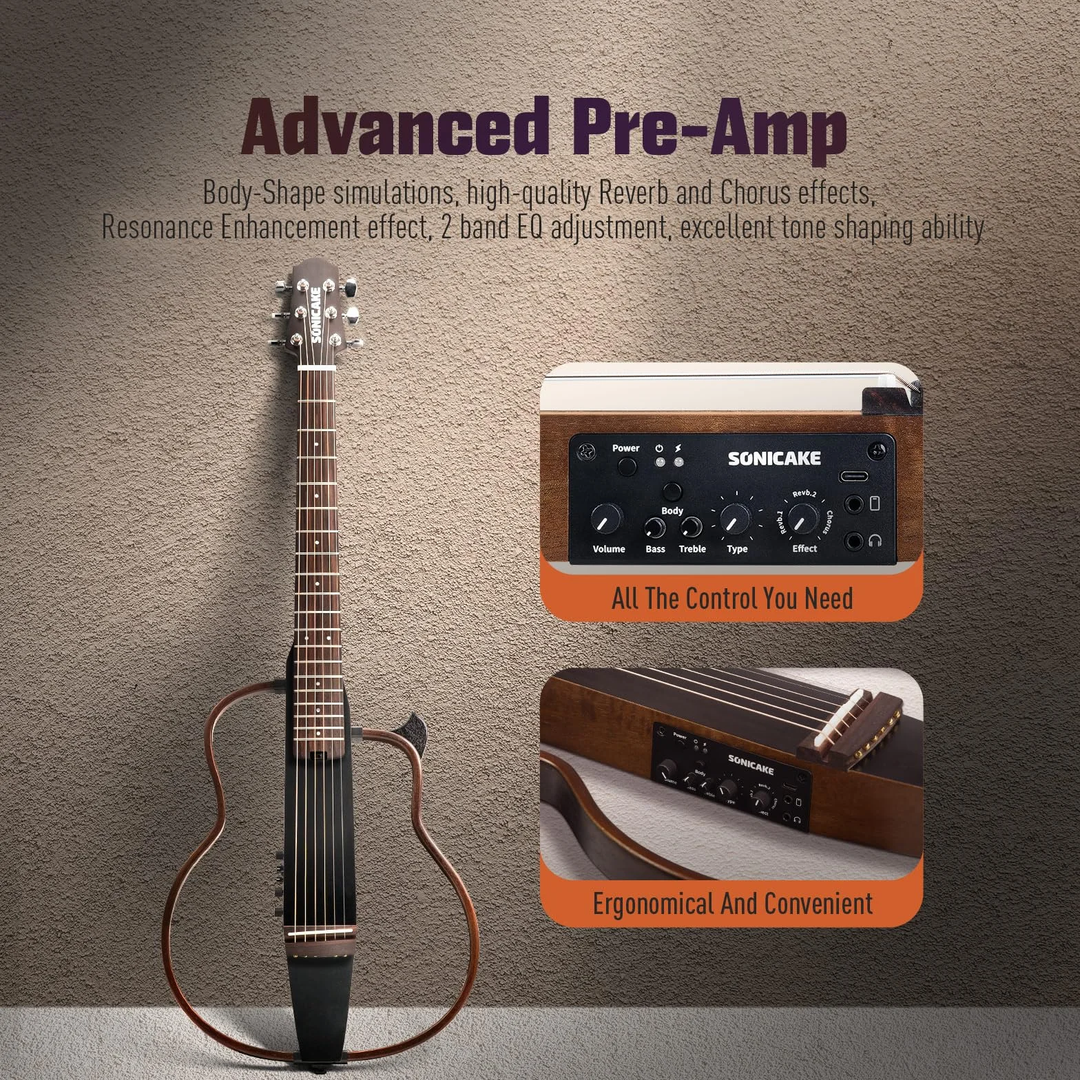 SONICAKE Elektro Akustische Gitarre Tragbarer Korpus aus massivem Mahagoni, Einfach zu montierende Rahmen, Multi Korpus Form Sim Preamp, Gigbag und Zubehör QGT-01