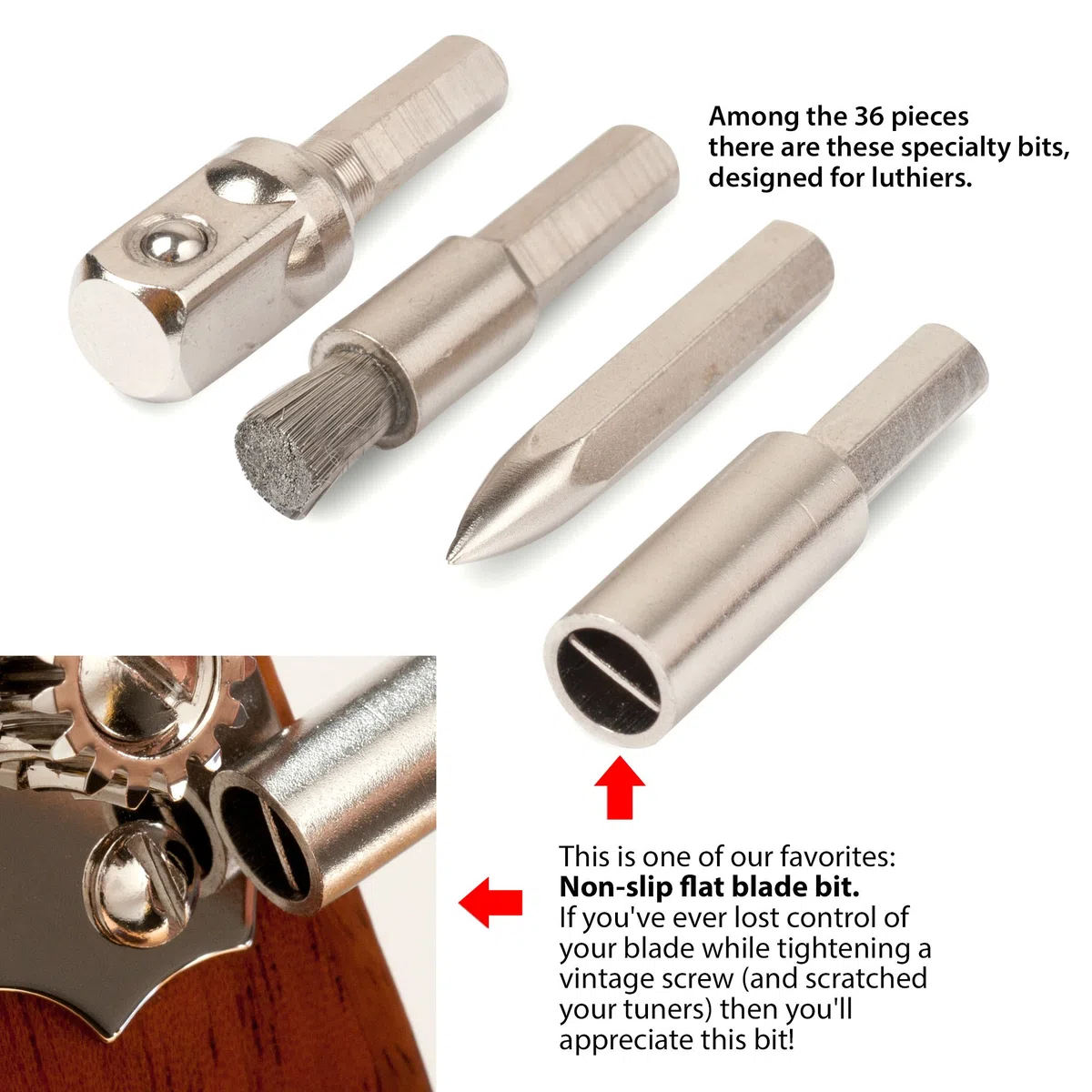 StewMac Guitar Tech Schraubendreher-Set – 36-teiliges Bit-Set für Gitarren-Hardware – Kompakter No-Spill Case – Magnetischer Griff mit Extender – Professionelles Gitarrenbauer- & Reparaturwerkzeug-Set