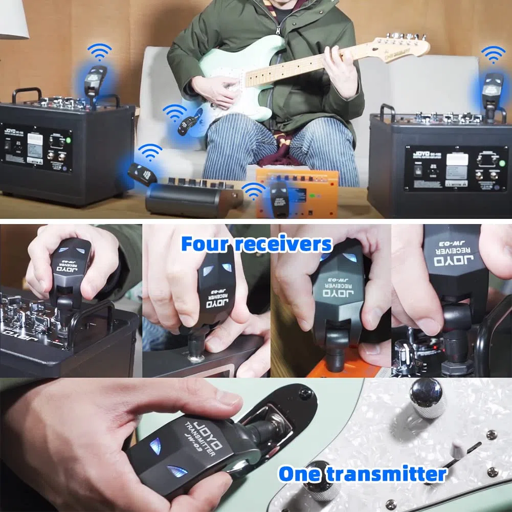 JOYO 2,4 GHz Wireless Guitar System 4 Kanäle Wiederaufladbarer Audio Wireless Transmitter Receiver für Gitarre Bass Elektrische Instrumente (JW-03)