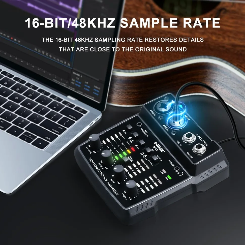 BOMGE M12 USB Audio Interface, 2-K Mixer, XLR/3,5 mm Eingang, 48V Netzteil, Soundkarte für PC Aufnahme, Studio, Live-Show, Karaoke, Plug&Play