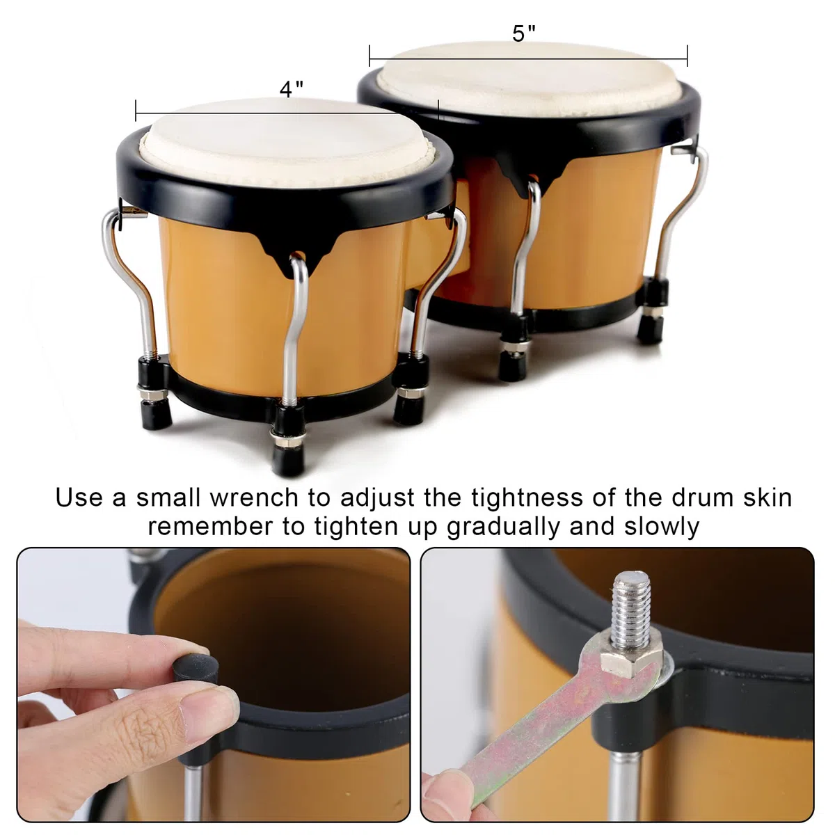 EastRock Bongo-Trommel, 10,2 cm und 12,7 cm, Set für Kinder, Erwachsene, Anfänger, Percussion-Bongos-Trommel mit Stimmschlüssel, Braun