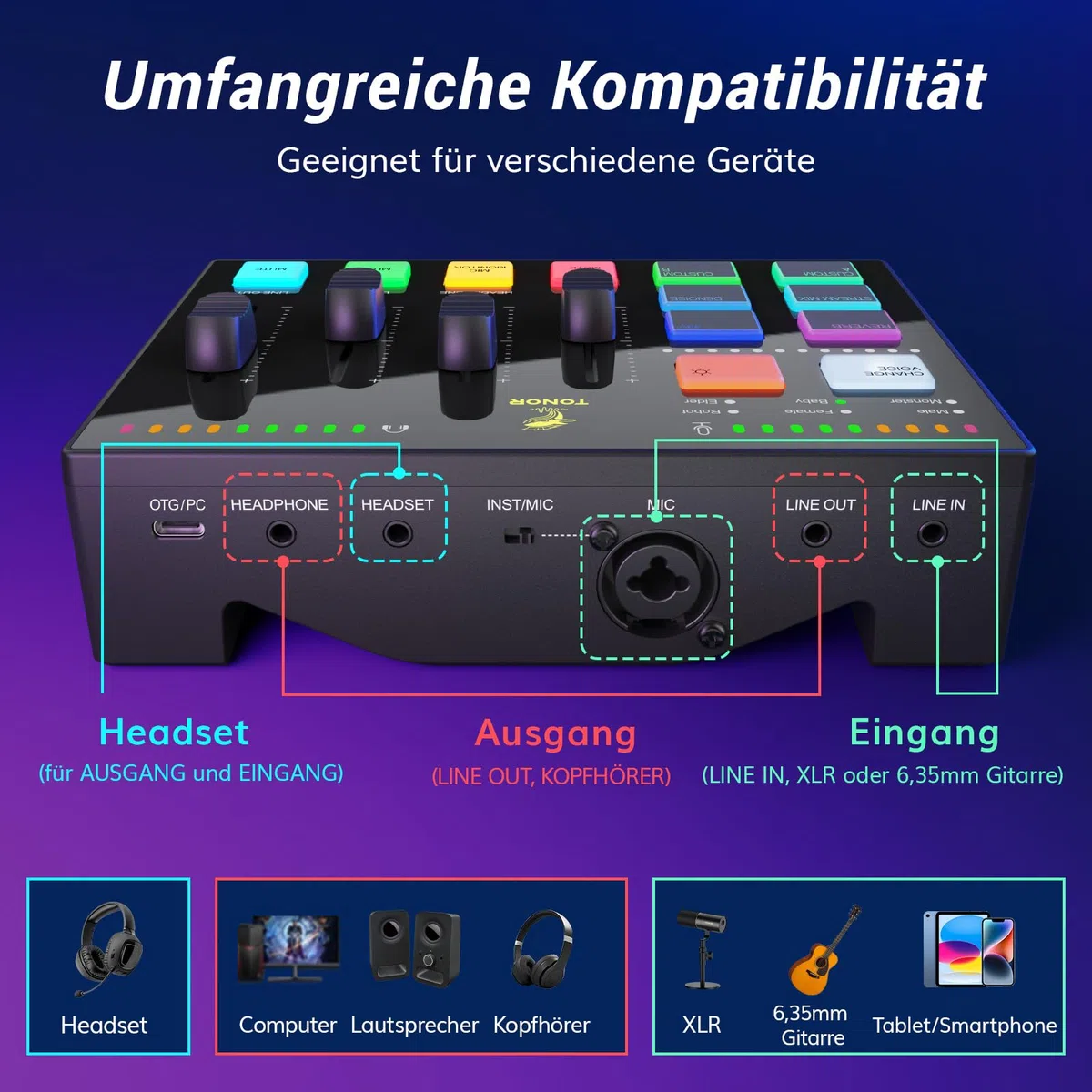TONOR Gaming Audio Interface, Audio Mixer für Streaming, Podcasting, Studio Aufnahmen, 6,35mm und XLR-Kanal, Soundkarte mit RGB-Lichteffekten, für Gaming-Streamer, Content Creators TX310