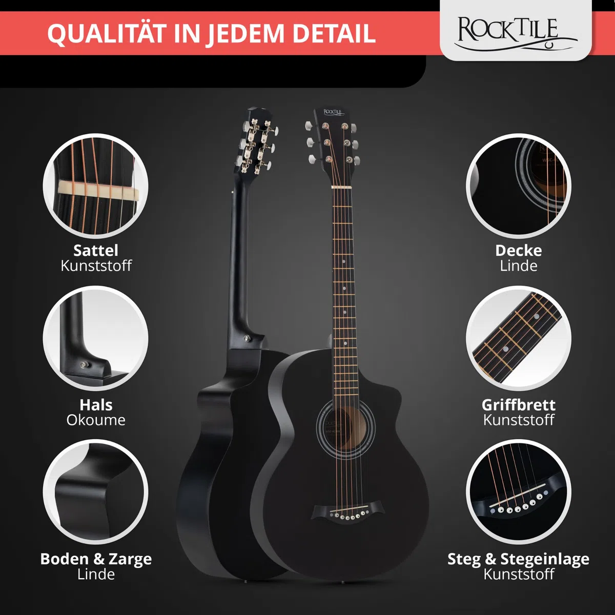 Rocktile Westerngitarre - 6 saitige kompakte Concert-Korpus Akustikgitarre mit Cutaway - Decke, Boden & Zarge aus Linde - Ideal für Einsteiger, Jugendliche & kleine Hände - Schwarz Seidenmatt