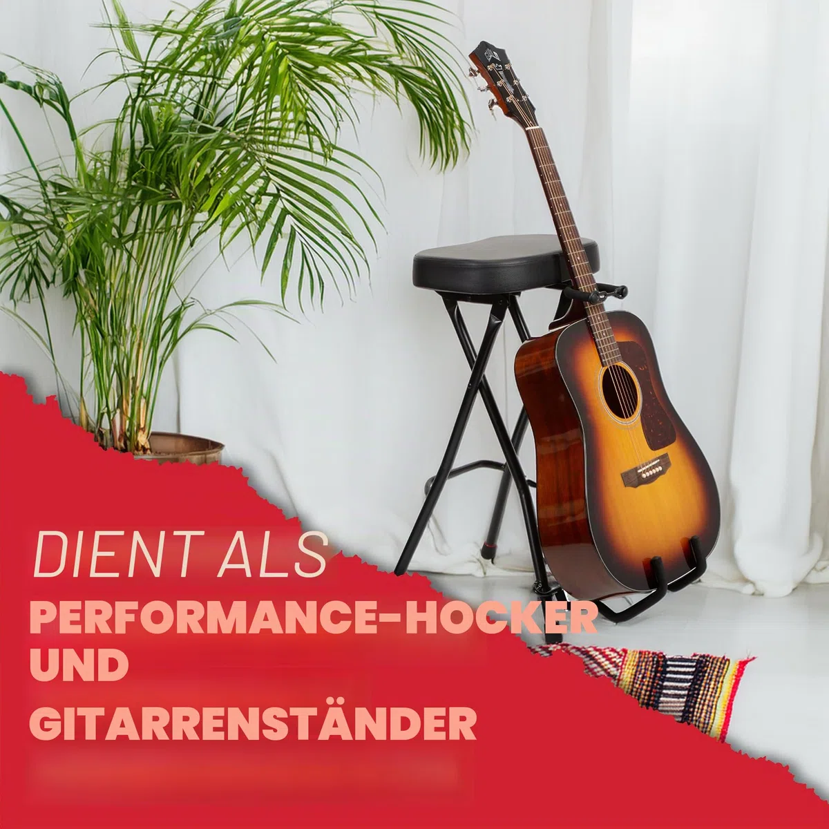 Gator Frameworks Faltbarer Gitarrenhocker mit gepolstertem Sitz und rückseitig montiertem Gitarrenbügel; (GFW-GTRSTOOL)