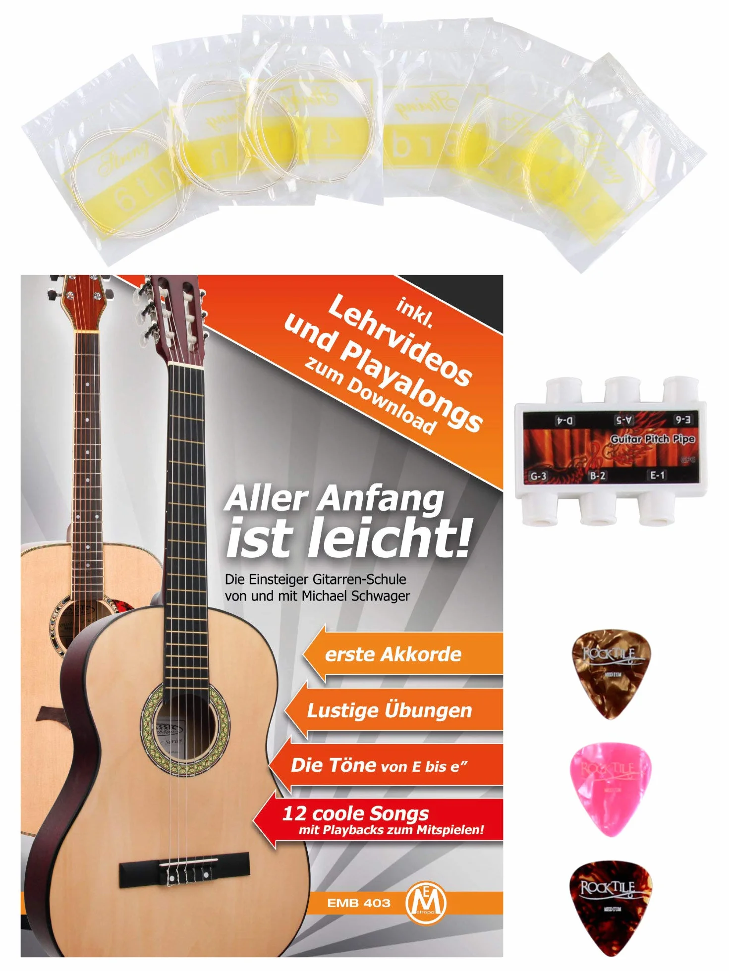Classic Cantabile AS-851 7/8 Konzertgitarre Starter Set (Komplettes Anfänger Set mit Klassik Gitarre, Gigbag Tasche, Nylonsaiten, Lehrbuch/Schule, 3x Plektren und Stimmpfeife)