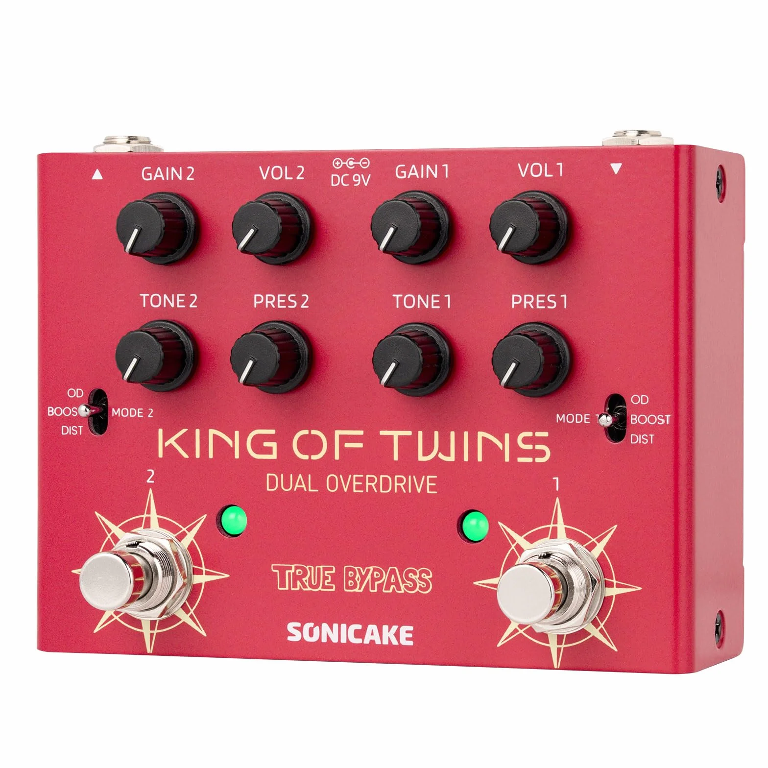 SONICAKE Overdrive Pedal Dual Channel, Overdrive/Boost/Distortion 3 Modi Reine Analogschaltung True Bypass 4 Regler pro Kanal QDS-08