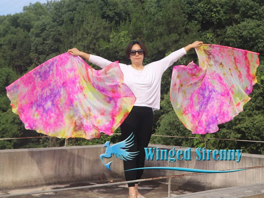 Winged Sirenny Leichte Halbkreis Seiden Tanzflügel mit Flexiblen Tragestangen, Handbemalte Isis Engel Flügel für Bauchtanz, Anbetung, Bühnenauftritte, 1 Paar (2 Stück), 89 x 180 cm