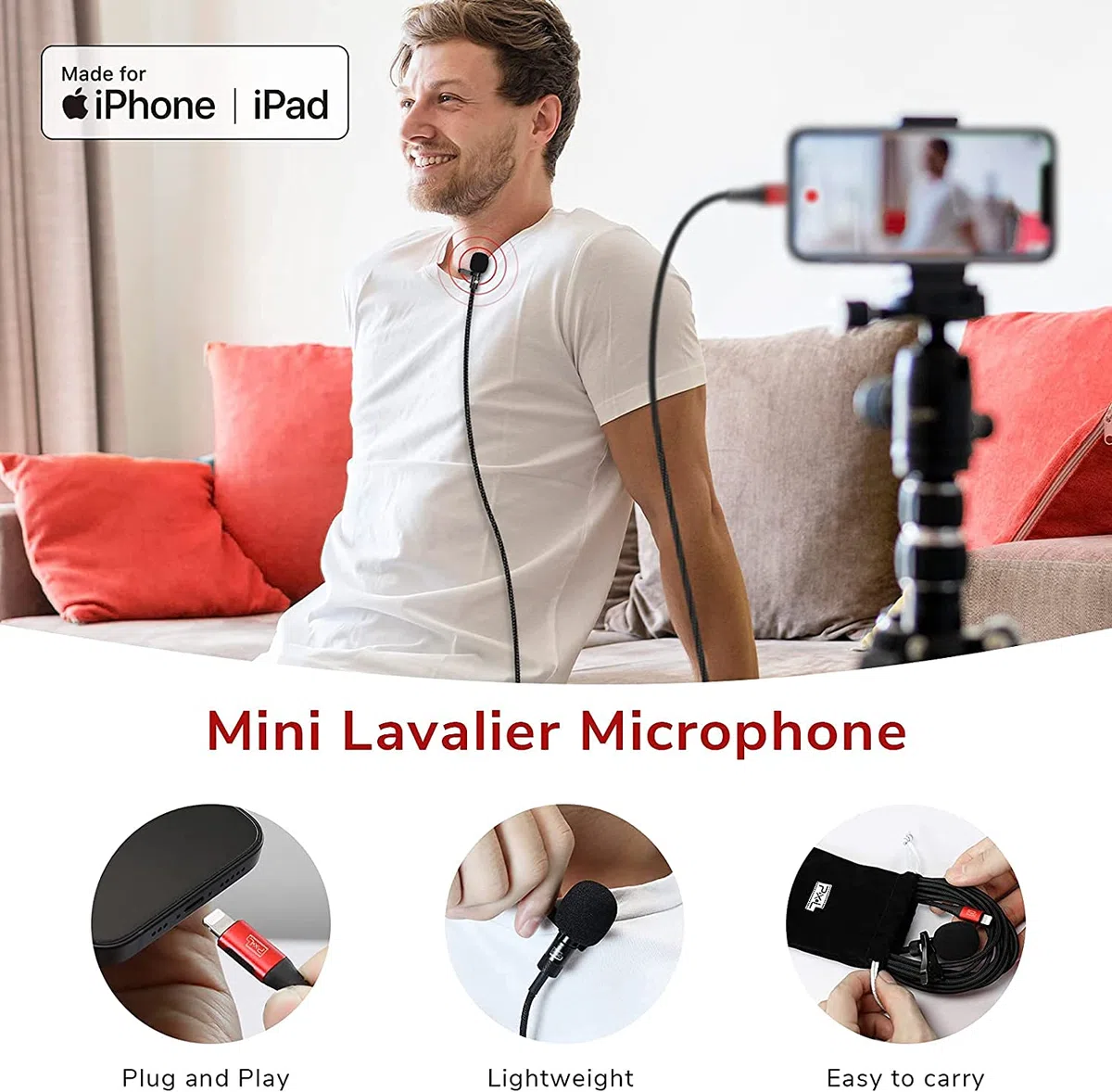 Pixel Lavalier Mikrofon Kompatibel mit iPhone/IPad (Apple MFi-Zertifiziert) für Videoaufnahmen Livestream Vlog YouTube Facebook mit 3m Kabel