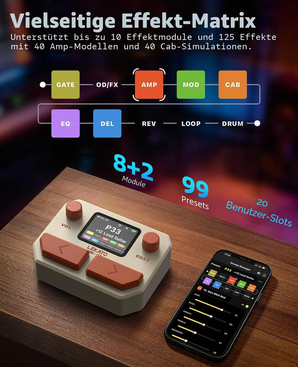 LEKATO Gitarren Effektpedal Multi-Effektprozessor für Gitarre Bass mit 10 Effektmodulen, 99 Presets, 30 Amp/Cabinet Modellen, OTG USB Audio Interface BT, 2" LCD-Display, Weiß