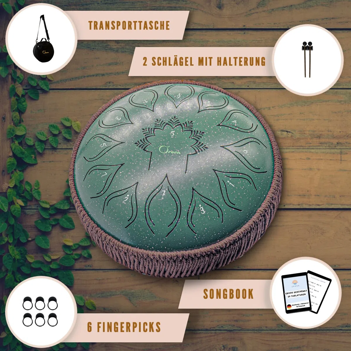 ORORA Steel Tongue Drum, Zungentrommel, 12 Zoll 13 Noten - Handpan, Ideal für Entspannung - Musikinstrument für Kinder und Erwachsene - Ebook mit 20 Notenblättern kostenlos - Originelles Geschenk