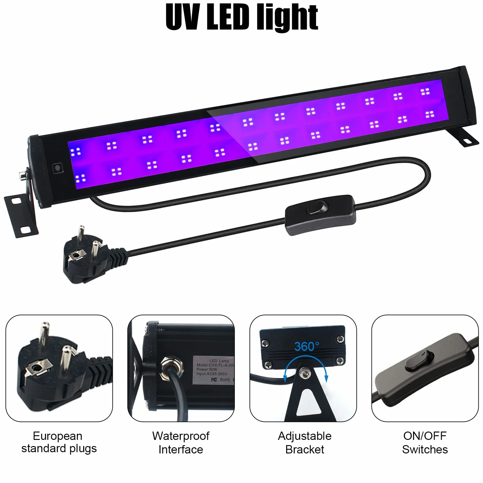 50W Schwarzlicht LED,2 Stücke UV Schwarzlichtlampe, IP66 Wasserdicht UV Strahler Außen mit Stecker und Schalter,Blacklight mit 96 LEDs,UV Licht Röhre für Party,Deko,Halloween