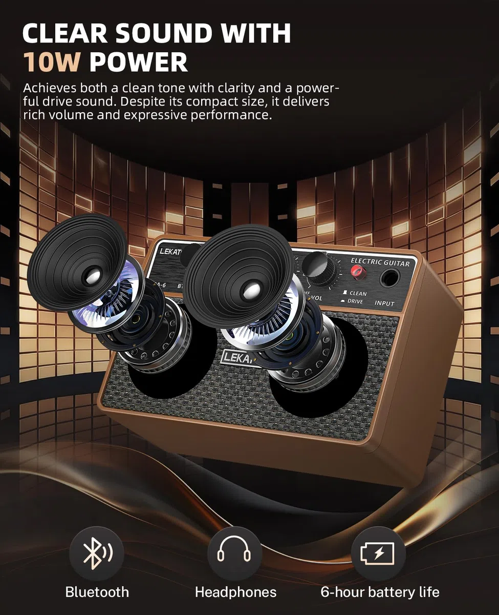 Mini-Gitarrenverstärker, LEKATO 10 W tragbarer Gitarrenverstärker mit Clean-/Overdrive-Kanälen, Bluetooth, Kopfhörerausgang und 6-Stunden-Akku, für das Üben zu Hause und Musikpartys