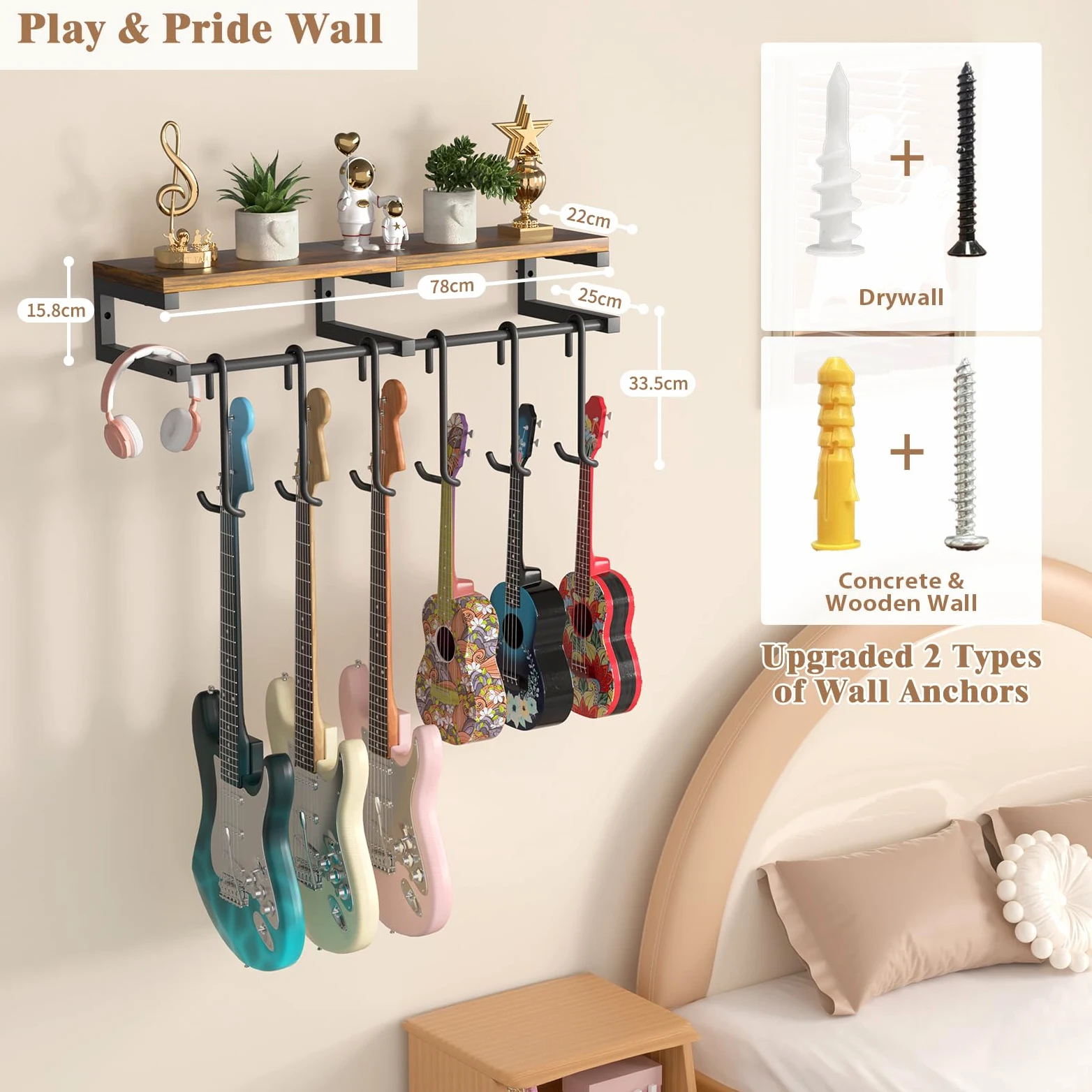 Gitarrenhalter für die Wand, 6 Gitarren Wandhalterung, Wandhalterung Gitarre mit Groß Regal, Gitarrenhalter Wand für Akustikgitarre Bass e Gitarre Ukulele Ständer Zubehör Double-Sided
