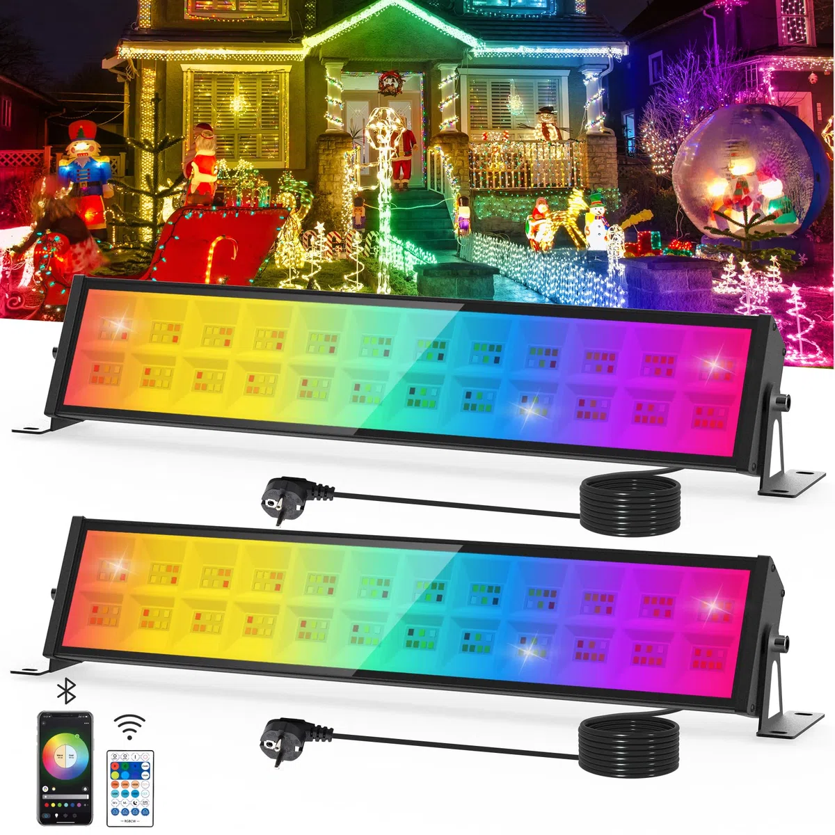 NATPOW RGB LED Strahler, 72W RGB Wallwasher Licht mit Fernbedienung und Bluetooth APP, 16 Millionen Farbe 20 Modi, IP65 Wasserdicht Dimmbar Partylitcht Lightbar für Bar, Disco Feiern Bühne, Hof, 2 Stk