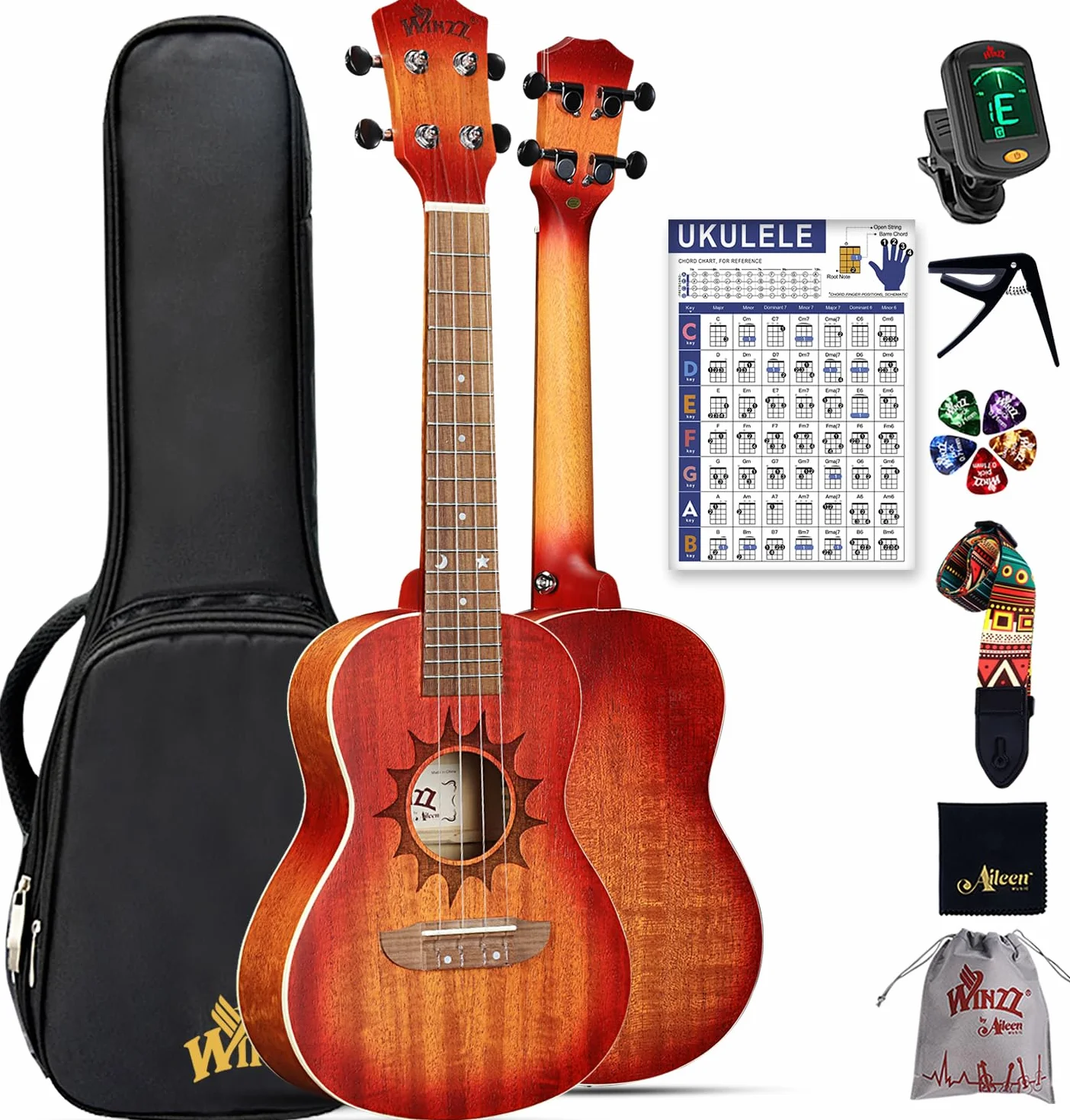 Winzz Ukulele Erwachsene Konzert 23 Zoll Anfänger Set Mahagoni-Holz, Kinder Einsteiger, Einzigartige Ukulele Kaufen Geschenke (Carbon Saiten, Matte Sunburst)