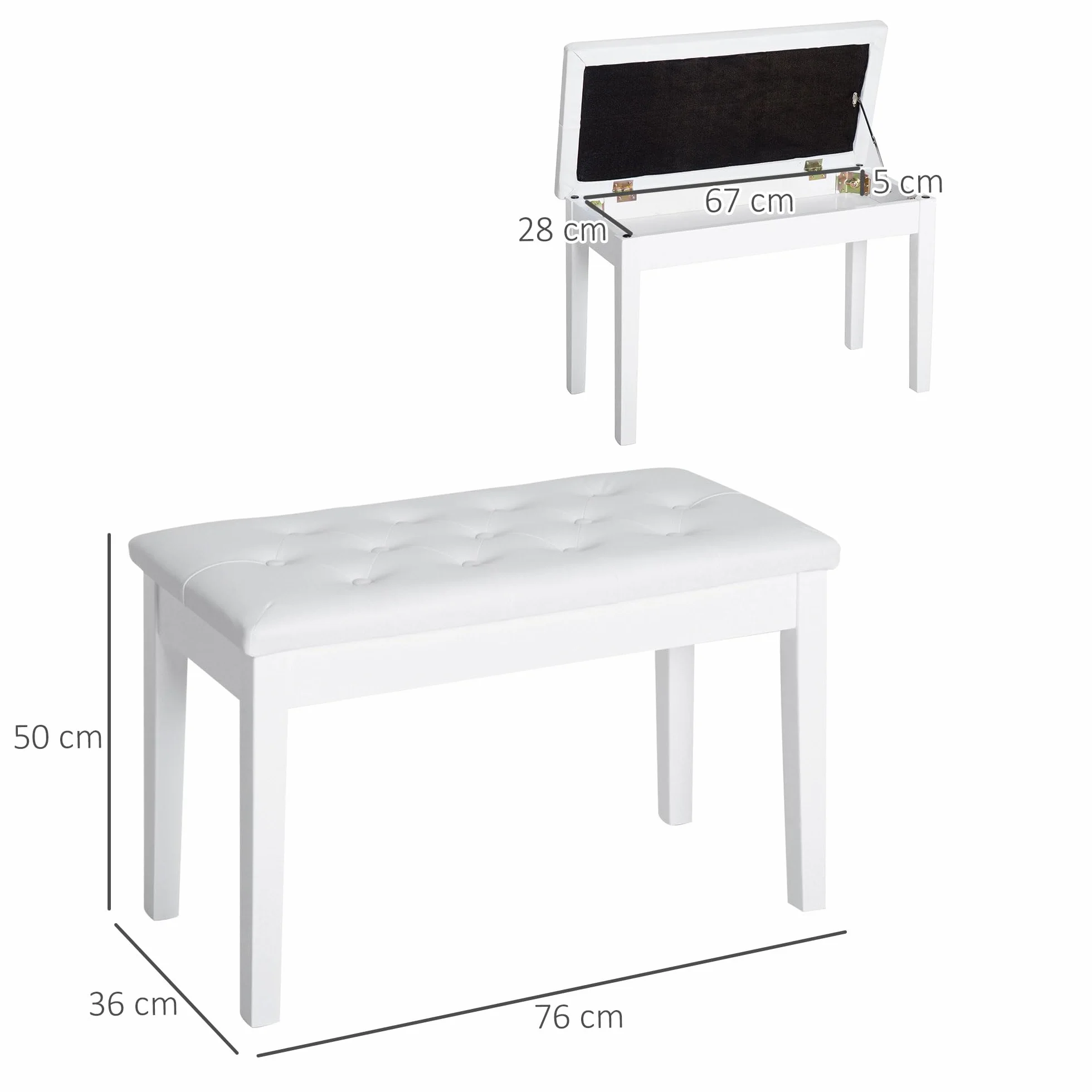 HOMCOM Klavierhocker, Klavierbank mit Verstecktem Stauraum, Klavierstuhl mit Kunstleder Kissen, Pianobank, Massivholz Keyboardbank für Piano, Keyboard, 76 x 36 x 50 cm, Weiß