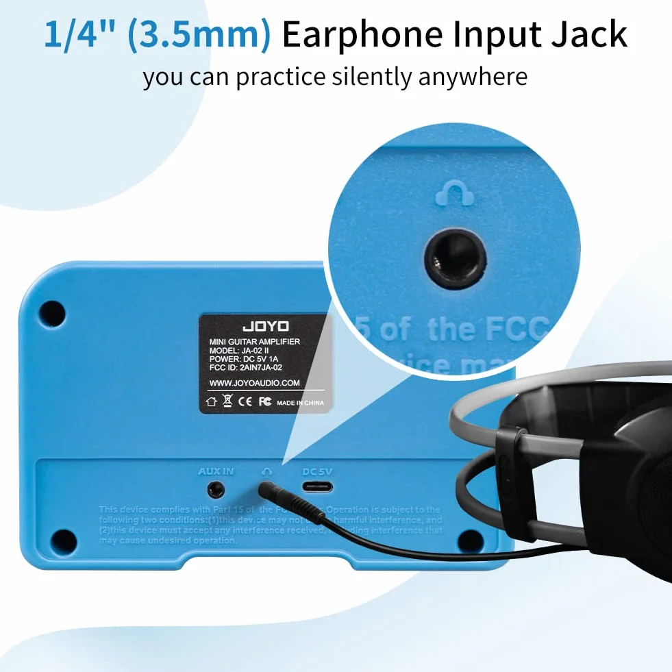 JOYO Combo-Gitarrenverstärker, Bluetooth, 5 W, aufladbar, Kleiner Mini-Übungskopfhörer-Gitarrenverstärker mit Clean- und Overdrive-Kanälen (JA-02 II Blau)