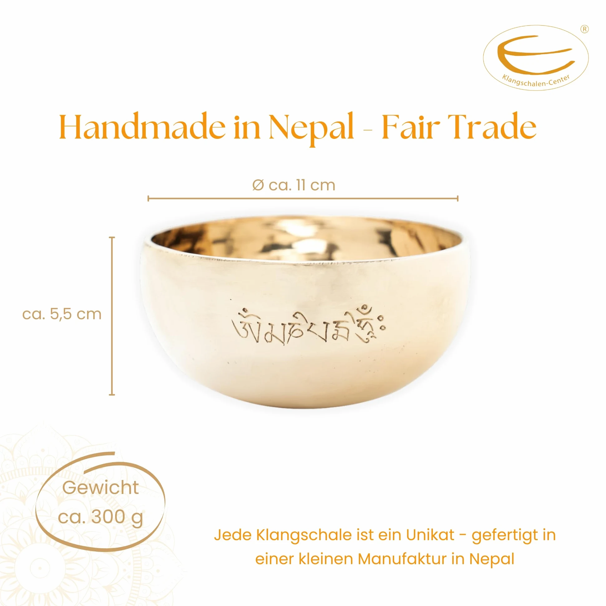 Tibetische Klangschale 300–350 g mit Mantra-Gravur – Handgeschmiedet & hochglanzpoliert – Für Meditation, Yoga & Entspannung – Fair Trade aus Nepal – Inkl. Klöppel & Filzpad
