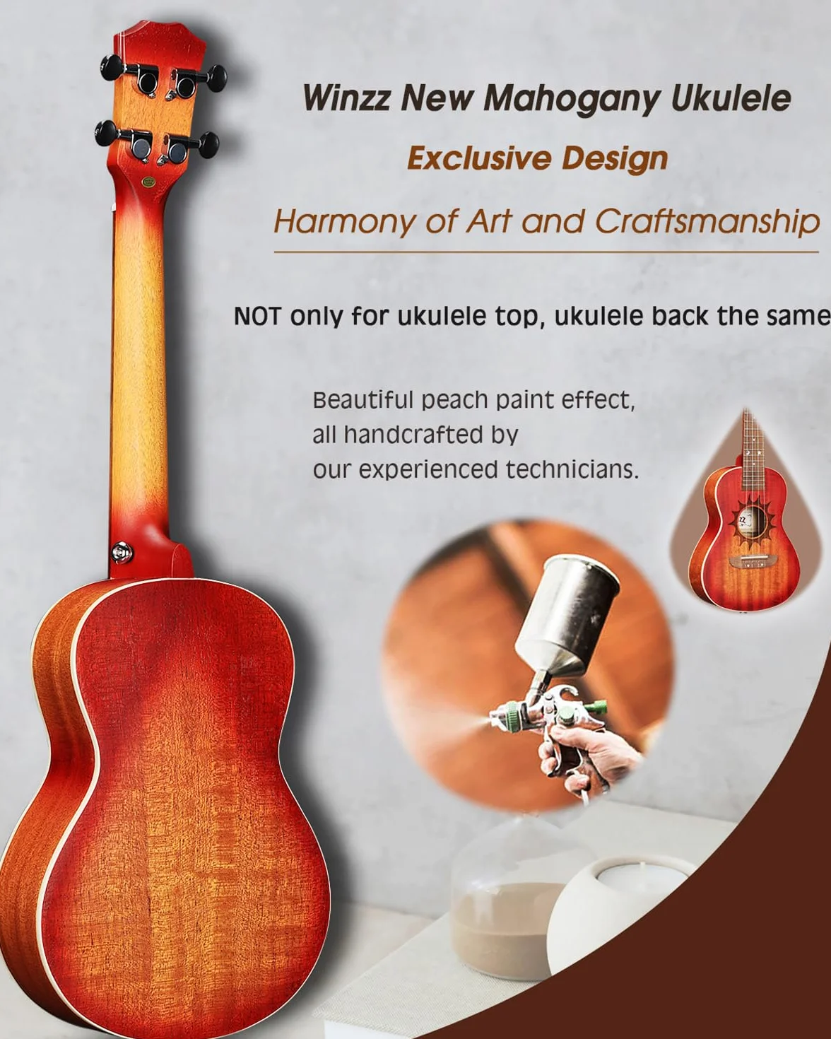Winzz Ukulele Erwachsene Konzert 23 Zoll Anfänger Set Mahagoni-Holz, Kinder Einsteiger, Einzigartige Ukulele Kaufen Geschenke (Carbon Saiten, Matte Sunburst)