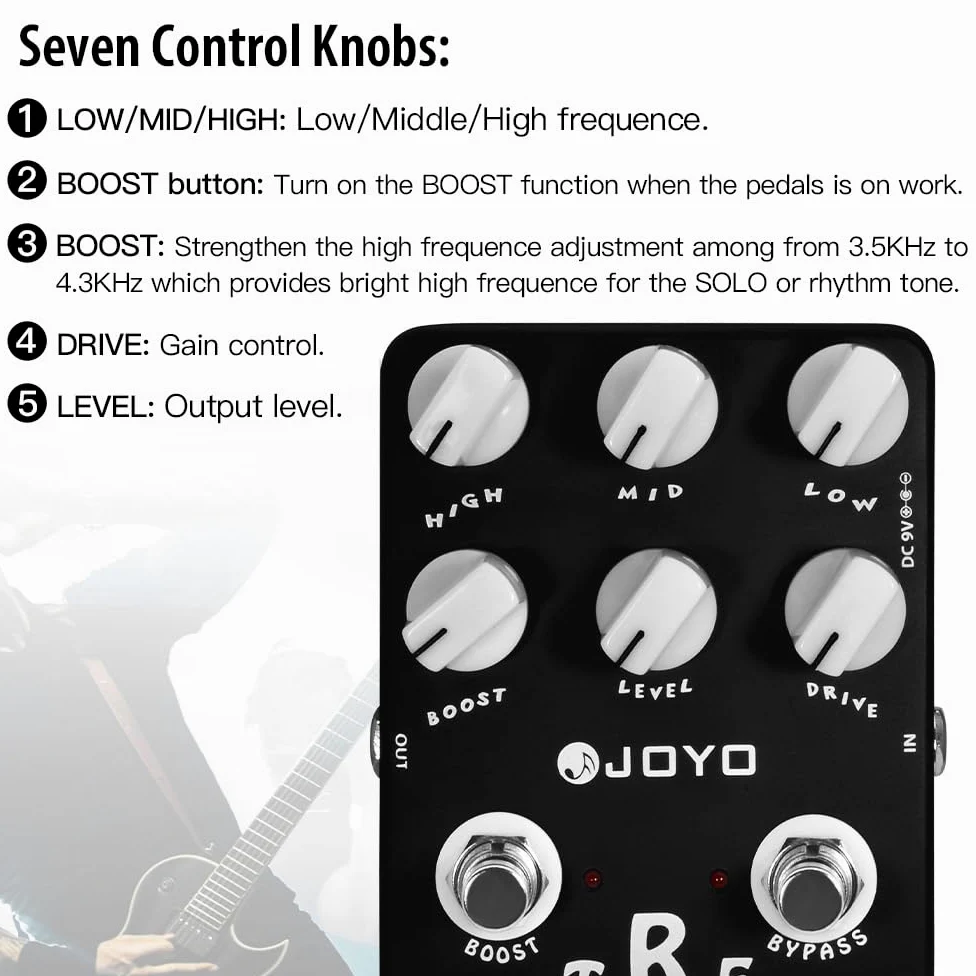 JOYO Extreme Metal Distortion Pedal mit 3-Band EQ und Low-Mid-High Gain Boost für E-Gitarre (JF-17)