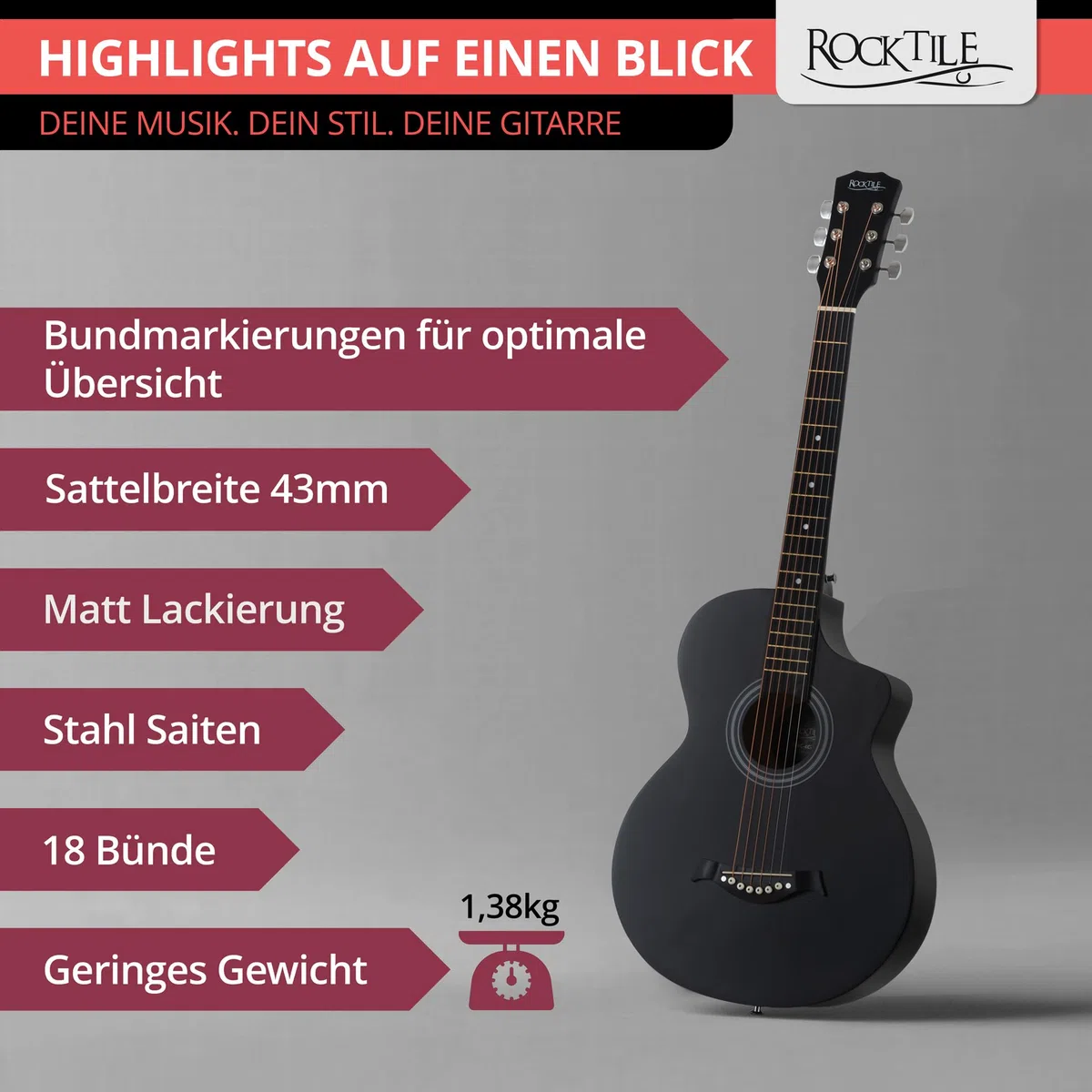 Rocktile Westerngitarre - 6 saitige kompakte Concert-Korpus Akustikgitarre mit Cutaway - Decke, Boden & Zarge aus Linde - Ideal für Einsteiger, Jugendliche & kleine Hände - Schwarz Seidenmatt