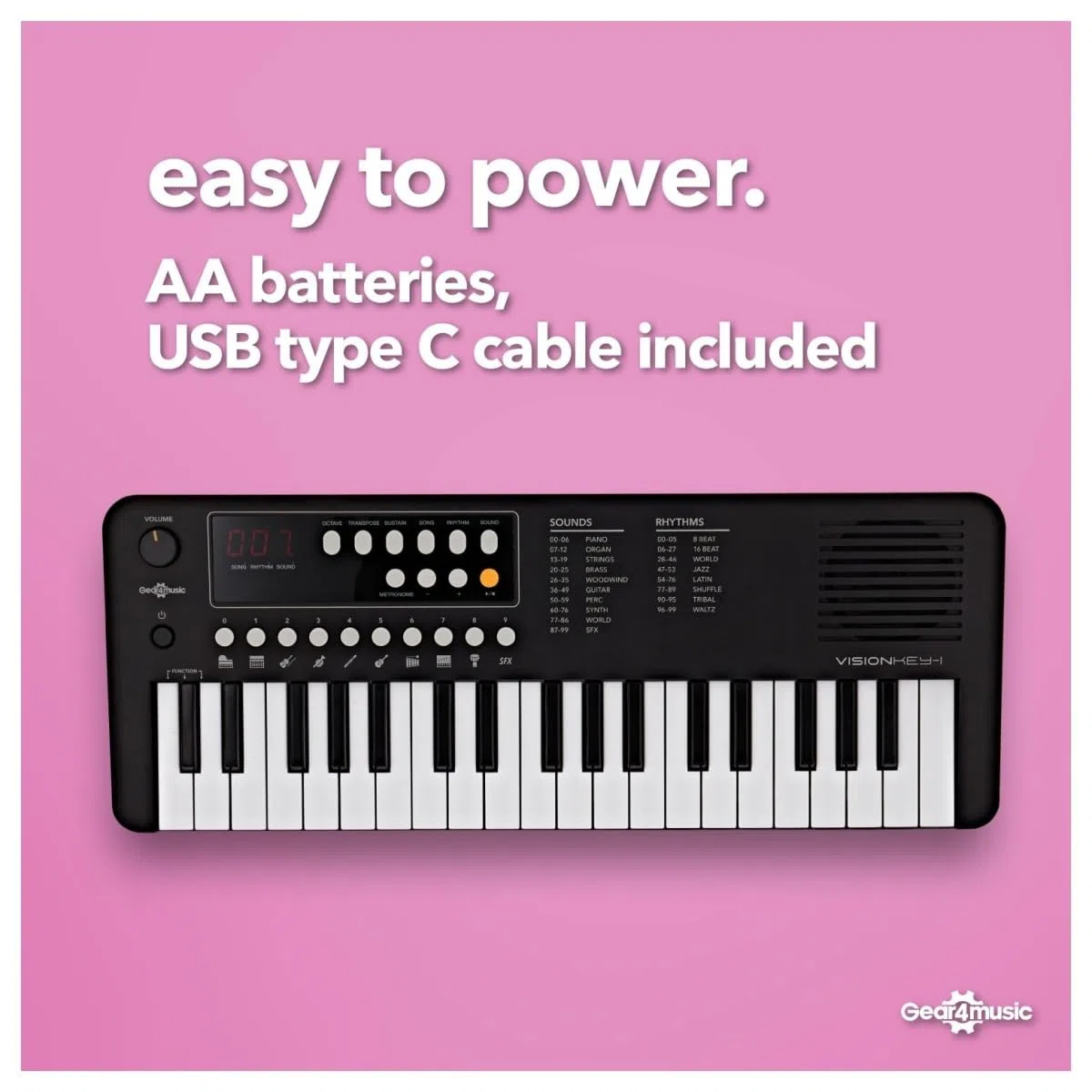 VISIONKEY-1 Tragbares Mini-Keyboard Piano mit 37 Tasten für Kinder und Anfänger, USB-C Schwarz
