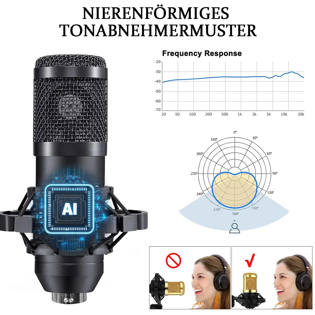 Podcast Mikrofon Bündeln, Audio Interface mit Cardioid Designer BM800 Mikrofon für Gamer und All-in-One Mischpultr, Perfekt für Live Streaming, YouTube, Gaming