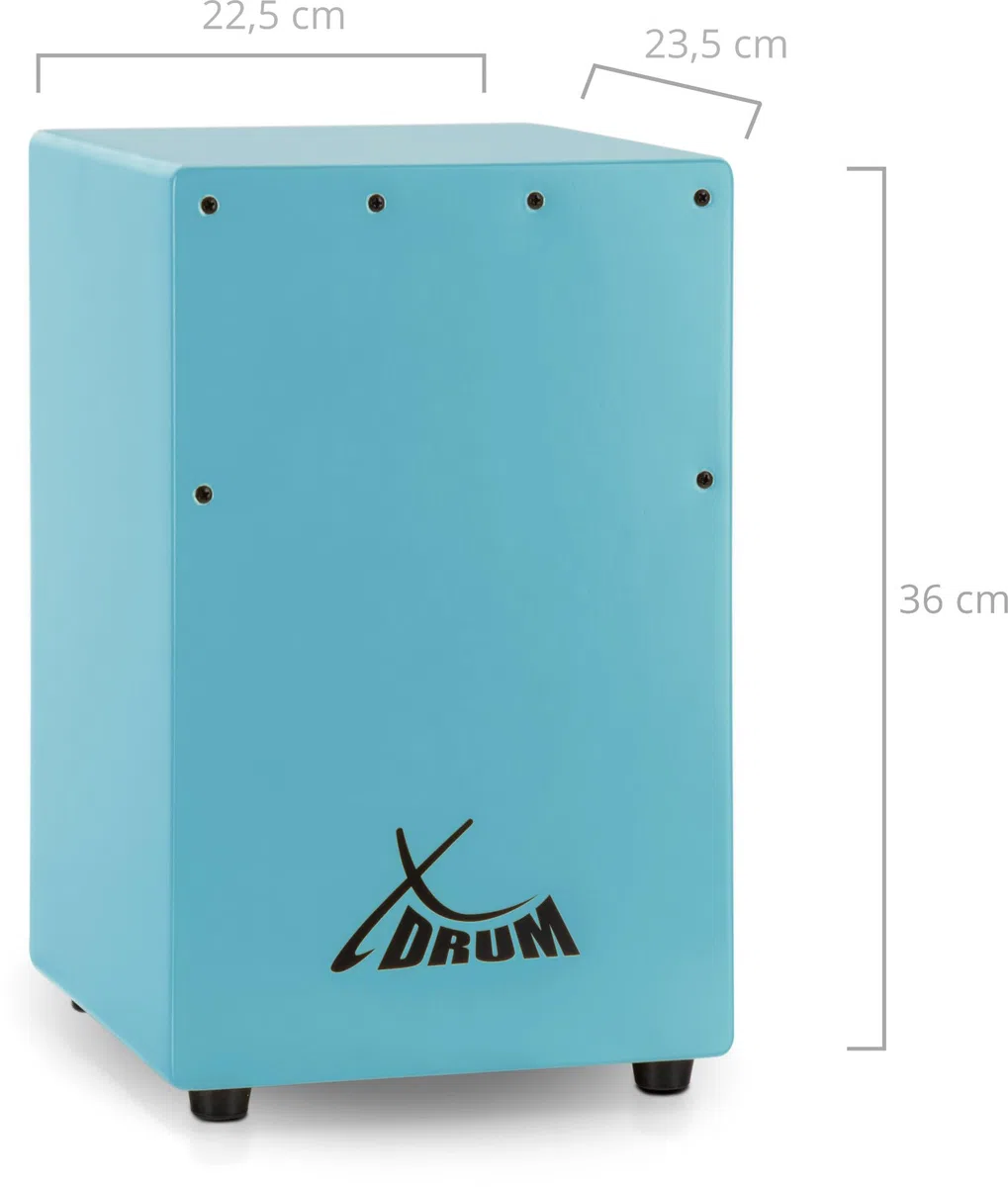 XDrum KC-37B Kinder-Cajon Set - Kleine Cajon Für Kinder - 36 cm Hoch - Snare-Effekt Durch Stimmbare Gitarrensaiten - Spar-Set Mit Schule Für Einsteiger - Blau