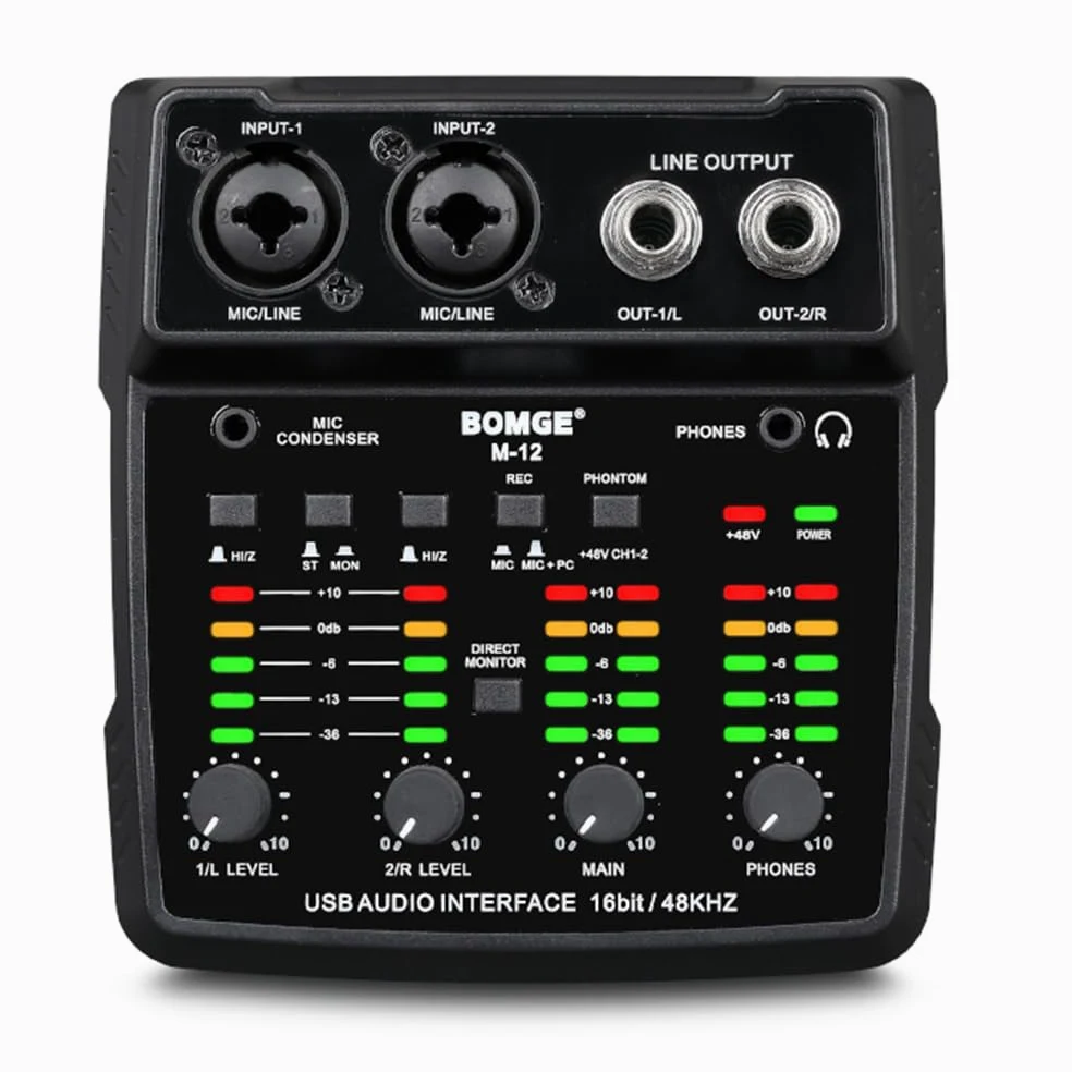 BOMGE M12 USB Audio Interface, 2-K Mixer, XLR/3,5 mm Eingang, 48V Netzteil, Soundkarte für PC Aufnahme, Studio, Live-Show, Karaoke, Plug&Play