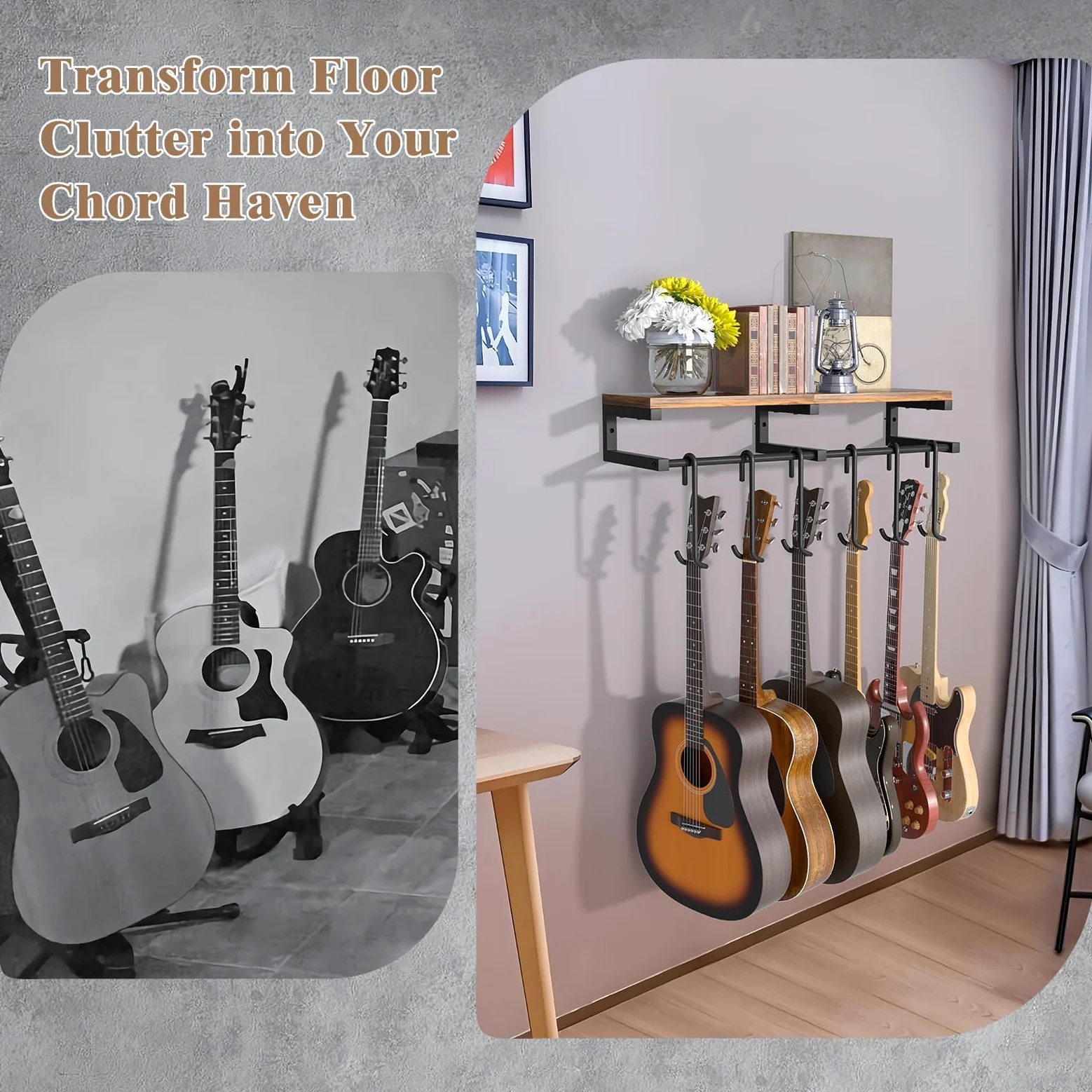 Gitarrenhalter für die Wand, 6 Gitarren Wandhalterung, Wandhalterung Gitarre mit Groß Regal, Gitarrenhalter Wand für Akustikgitarre Bass e Gitarre Ukulele Ständer Zubehör Double-Sided