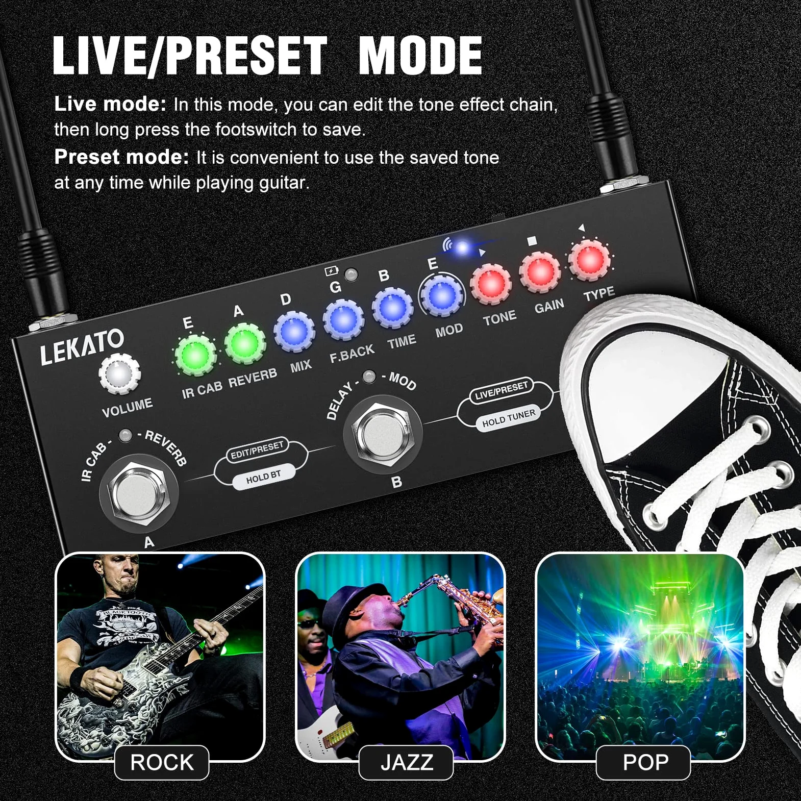 Multieffektgerät Gitarre, LEKATO Effektgerät Gitarre mit IR-Loading 9 Verstärkermodelle, Delay/Reverb/Phase/Chorus/Distortion/Overdrive, Multieffektpedal Guitar Pedal mit Aufnahme und Bluetooth 5.0