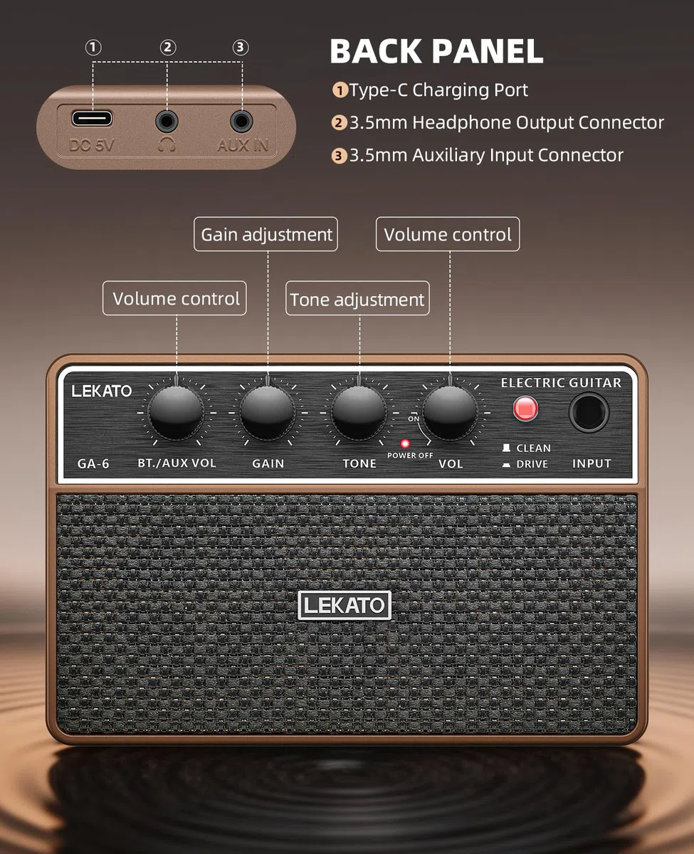 Mini-Gitarrenverstärker, LEKATO 10 W tragbarer Gitarrenverstärker mit Clean-/Overdrive-Kanälen, Bluetooth, Kopfhörerausgang und 6-Stunden-Akku, für das Üben zu Hause und Musikpartys
