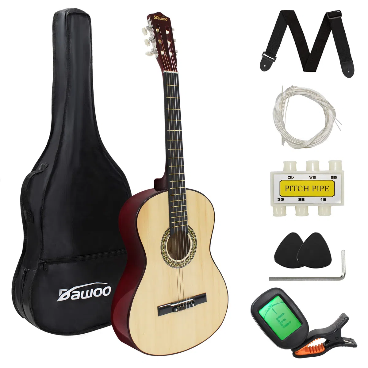 Dawoo Klassisches Gitarren Starter Set (komplettes Anfängerset mit Akustikgitarre, Gigbag, Ersatzsaiten, Plektren und Pitchpipe) (39 Zoll)