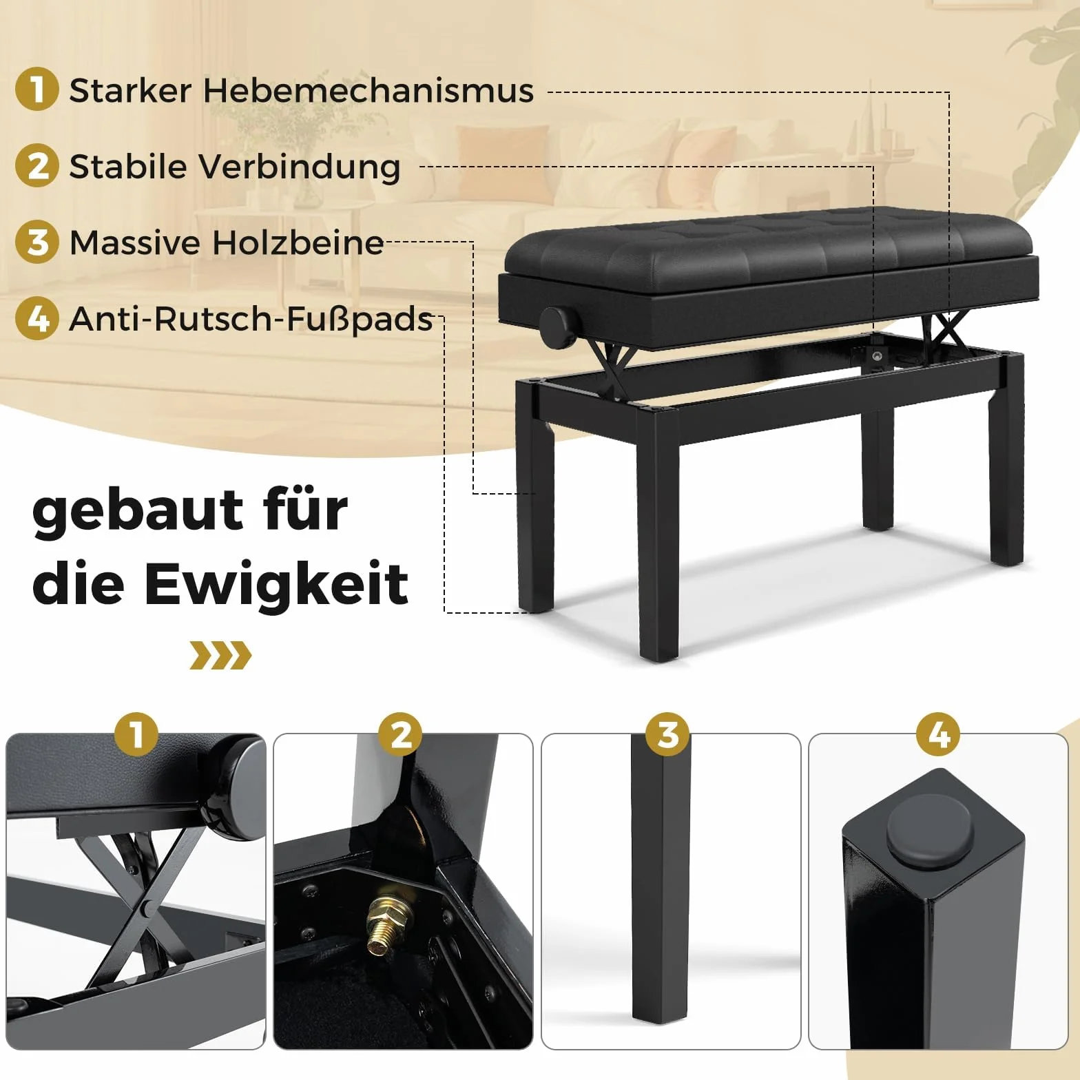 COSTWAY Klavierhocker höhenverstellbar, Klavierbank mit Stauraum, Pianobank für 2 Personen bis 200kg belastbar, Piano-Sitzbank mit gepolstertem Kissen, Schwarz