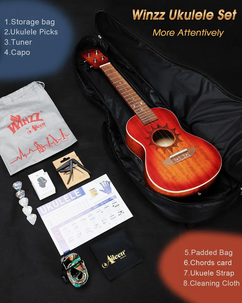 Winzz Ukulele Erwachsene Konzert 23 Zoll Anfänger Set Mahagoni-Holz, Kinder Einsteiger, Einzigartige Ukulele Kaufen Geschenke (Carbon Saiten, Matte Sunburst)