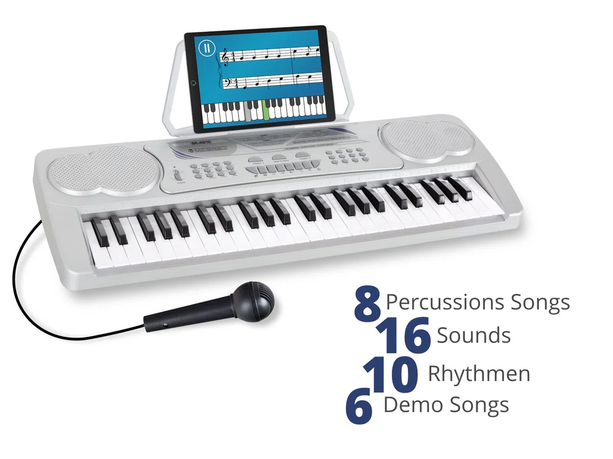 McGrey BK-4910SR Keyboard - Einsteiger-Keyboard 49 Tasten - mit 16 Sounds & 10 Rhythmen - 8 Percussion-Sounds & 6 Demo-Songs - Mikrofon & Notenhalter - Silber