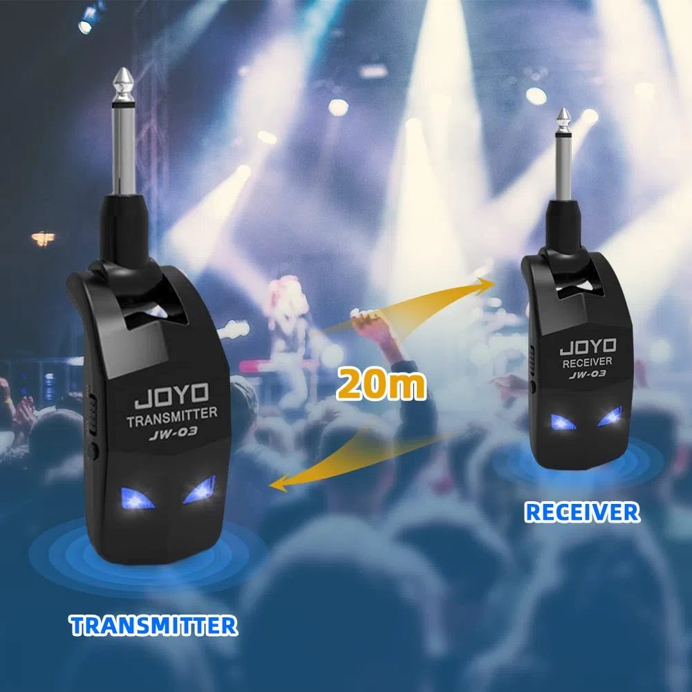 JOYO 2,4 GHz Wireless Guitar System 4 Kanäle Wiederaufladbarer Audio Wireless Transmitter Receiver für Gitarre Bass Elektrische Instrumente (JW-03)