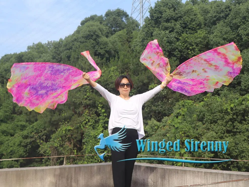 Winged Sirenny Leichte Halbkreis Seiden Tanzflügel mit Flexiblen Tragestangen, Handbemalte Isis Engel Flügel für Bauchtanz, Anbetung, Bühnenauftritte, 1 Paar (2 Stück), 89 x 180 cm
