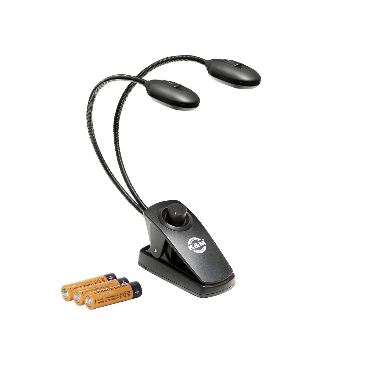 K&M 12271 Notenpultleuchte Twin Head Pro Schwarz - mit Clip & Schwanenhälsen, 2 x 2500 Lux pro Kopf, 3000 Kelvin