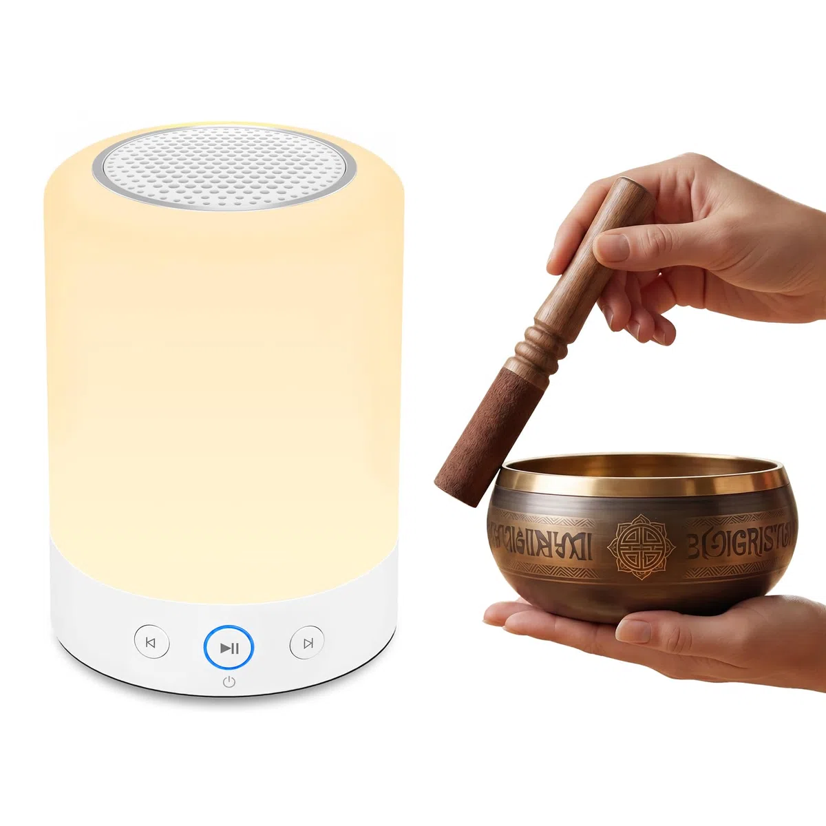 Kipcush Automatische tibetische Meditationsschale – tragbar, wiederaufladbar, mit 9 Klängen, Nachtlicht und Sprach-Timer für Yoga, Schlaf, Chakra und Stressabbau