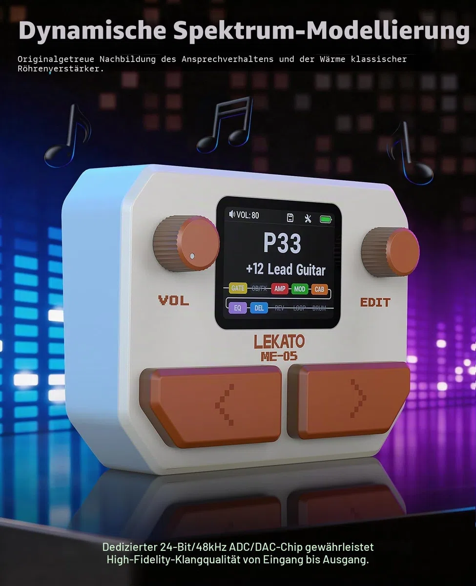 LEKATO Gitarren Effektpedal Multi-Effektprozessor für Gitarre Bass mit 10 Effektmodulen, 99 Presets, 30 Amp/Cabinet Modellen, OTG USB Audio Interface BT, 2" LCD-Display, Weiß