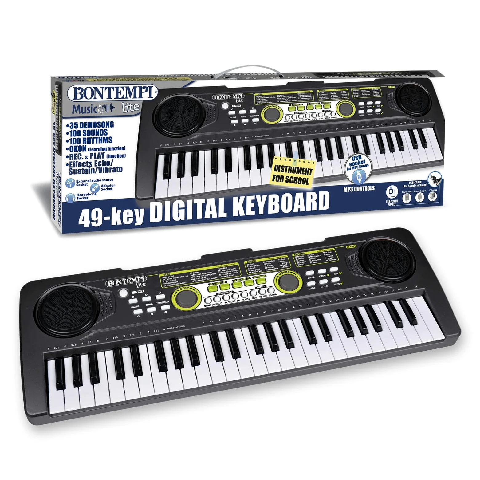 Bontempi | Digital-Keyboard 49 Tasten, 35 Voraufgenommene Songs, 100 Klänge, 100 Rhythmen, Metronom und Transposer-Funktion, 52,6x18x4 cm