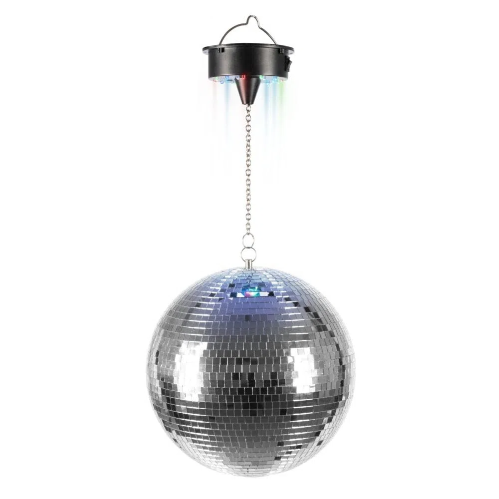 IBIZA DISCO1-30 DISCOLIGHT SET SPIEGELKUGEL 30CM MIT LED BELEUCHTUNG UND MOTOR Discokugel Disco Effekt Strahler silber batteriebetrieben mit 18 LEDs