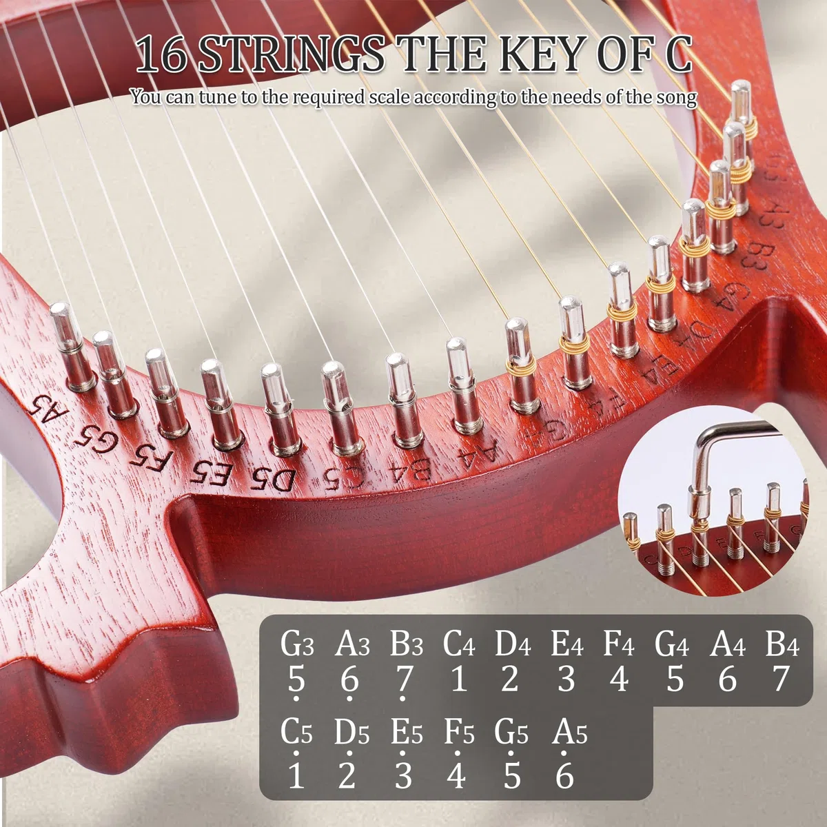Mulucky Lyre Harp, 16 Metallsaiten, Mahagoni-Körper, Kupfersattel, Mini Lyre Harfe mit Stimmschlüssel und Tasche für Anfänger