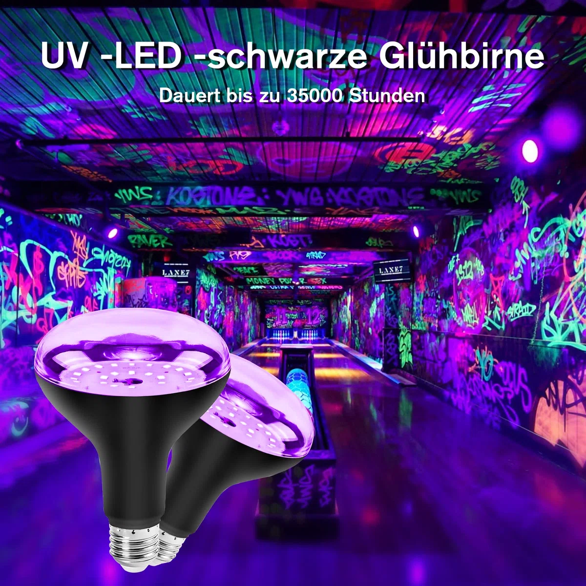 2er E27 15W UV Schwarzlicht Glühbirne, Black Light Bulb 385-400nm UVA Schwarzlichtlampe Beleuchtung,Partylicht Neonfarben für Halloween Party Disco Club Bar Körperkuns