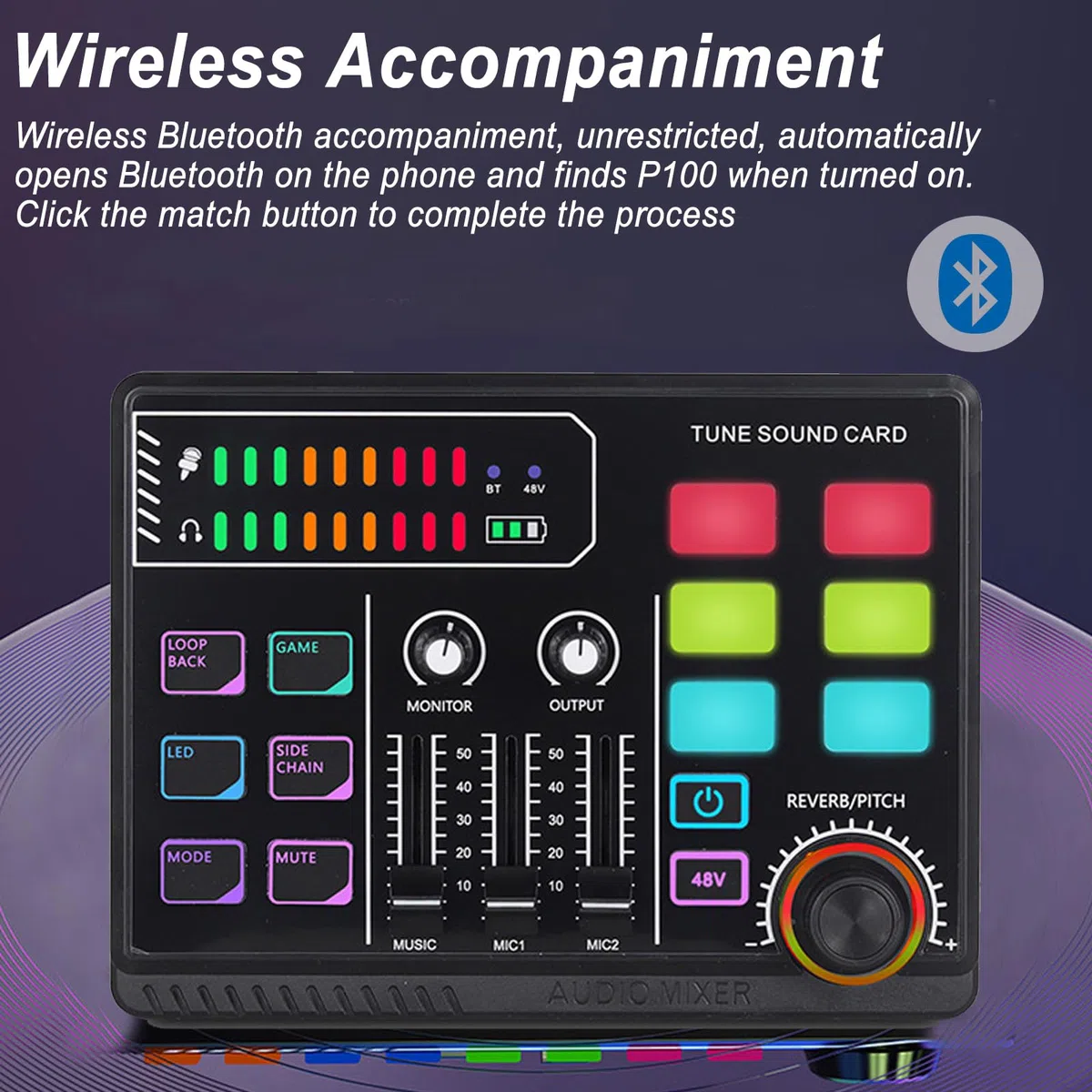 Gaming Audio Mixer,RGB Mischpult für XLR Mikrofon PC Mixer for Streaming mit 48 V Phantom Power,DIY Sound Effects,Volume Control für Streaming Musiker,Gesang,Gaming,Podcast, Aufnahme