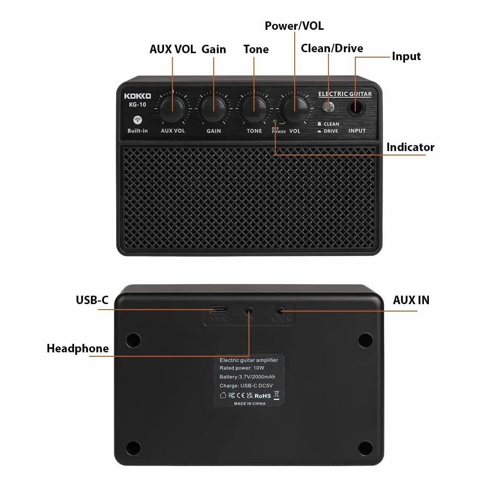 Mini-Gitarrenverstärker 10 Watt Batterieverstärker tragbarer wiederaufladbarer Gitarre Amp Gitarren-Übungsverstärker, Schwarz, Plug-and-Play für das Tägliche Üben