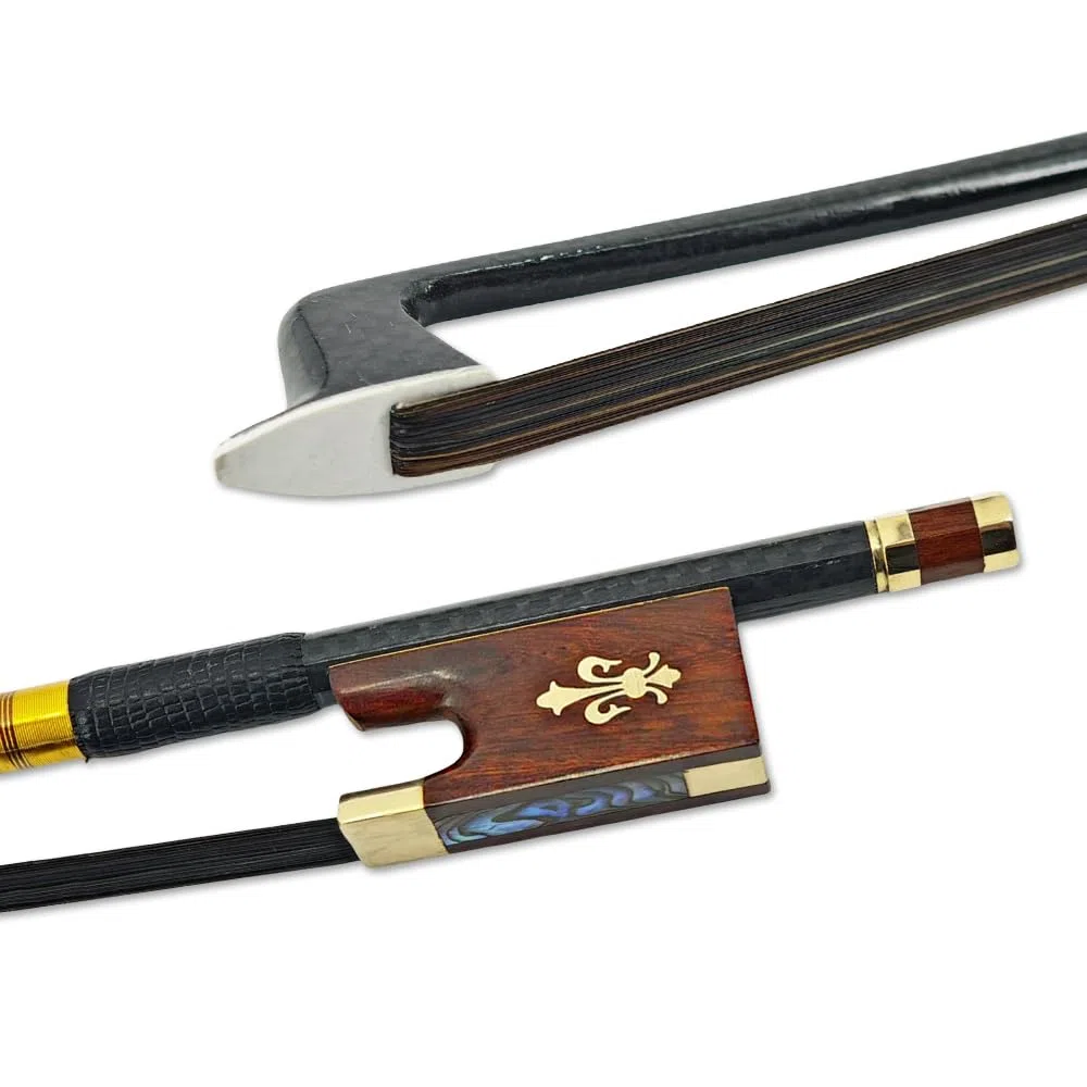 Yinfente Violinenbogen aus Karbonfaser, 4/4-Größe, Schlangenholz-Frosch mit Lilien-Inlay, schwarzer mongolischer Bogen, gut ausbalanciert und Pernambuco-Level